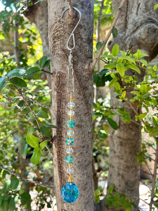 Handmade Other - 8.5” aqua prism crystal beaded small suncatcher sun charm decor
